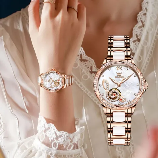 OLEVS Montres pour Femme à remontage Automatique en Or Rose avec Diamants Robes de Luxe Bracelet en céramique Blanche 6656: Blanc