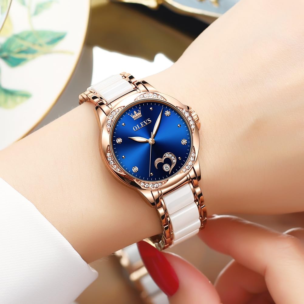 OLEVS Montres pour Femme à remontage Automatique en Or Rose avec Diamants Robes de Luxe Bracelet en céramique Blanche 6631: Bleu