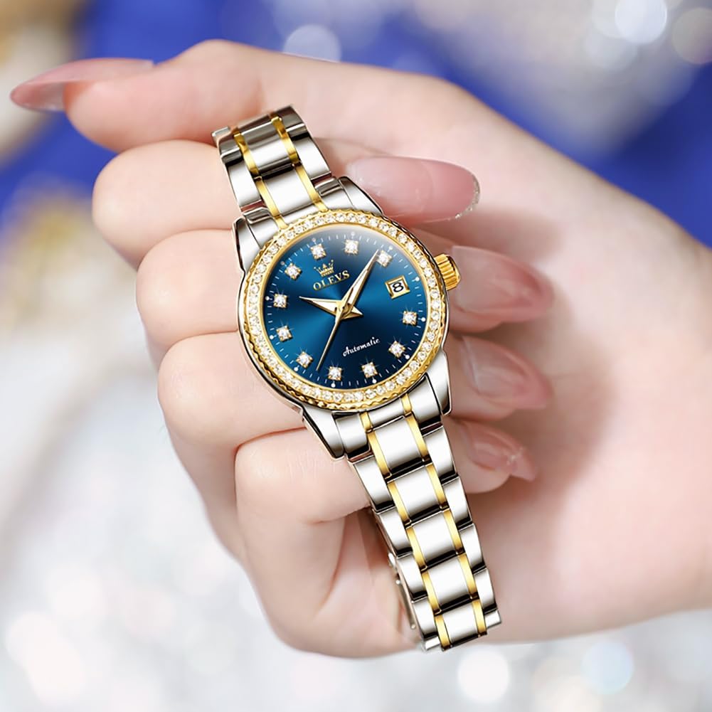 OLEVS Diamant Montre pour femme automatique mécanique de luxe robe classique en acier inoxydable pour femme 7003 : Bracelet Argenté Doré et Cadran Bleu