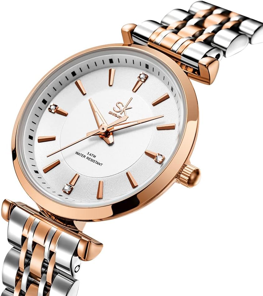 SK Montre Classique pour Femme avec Bracelet en Acier Inoxydable et Bracelet en Cuir véritable Silver-rosegold
