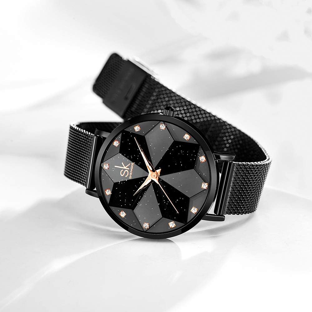 SHENGKE Ladies Montre-Bracelet Creative Femme Marque de Montres de Luxe Montre Robe en Maille Femme Montre Starry-mesh Band-black