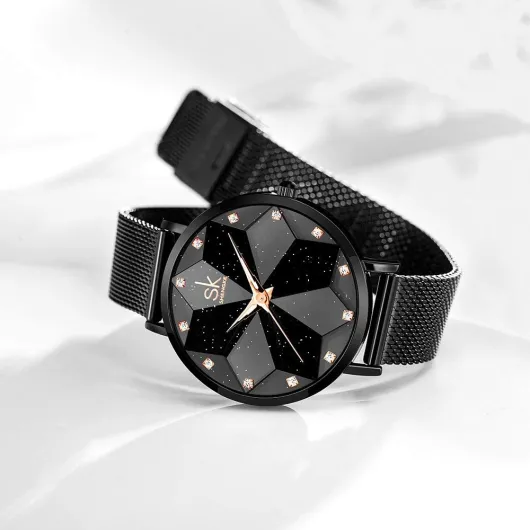 SHENGKE Ladies Montre-Bracelet Creative Femme Marque de Montres de Luxe Montre Robe en Maille Femme Montre Starry-mesh Band-black