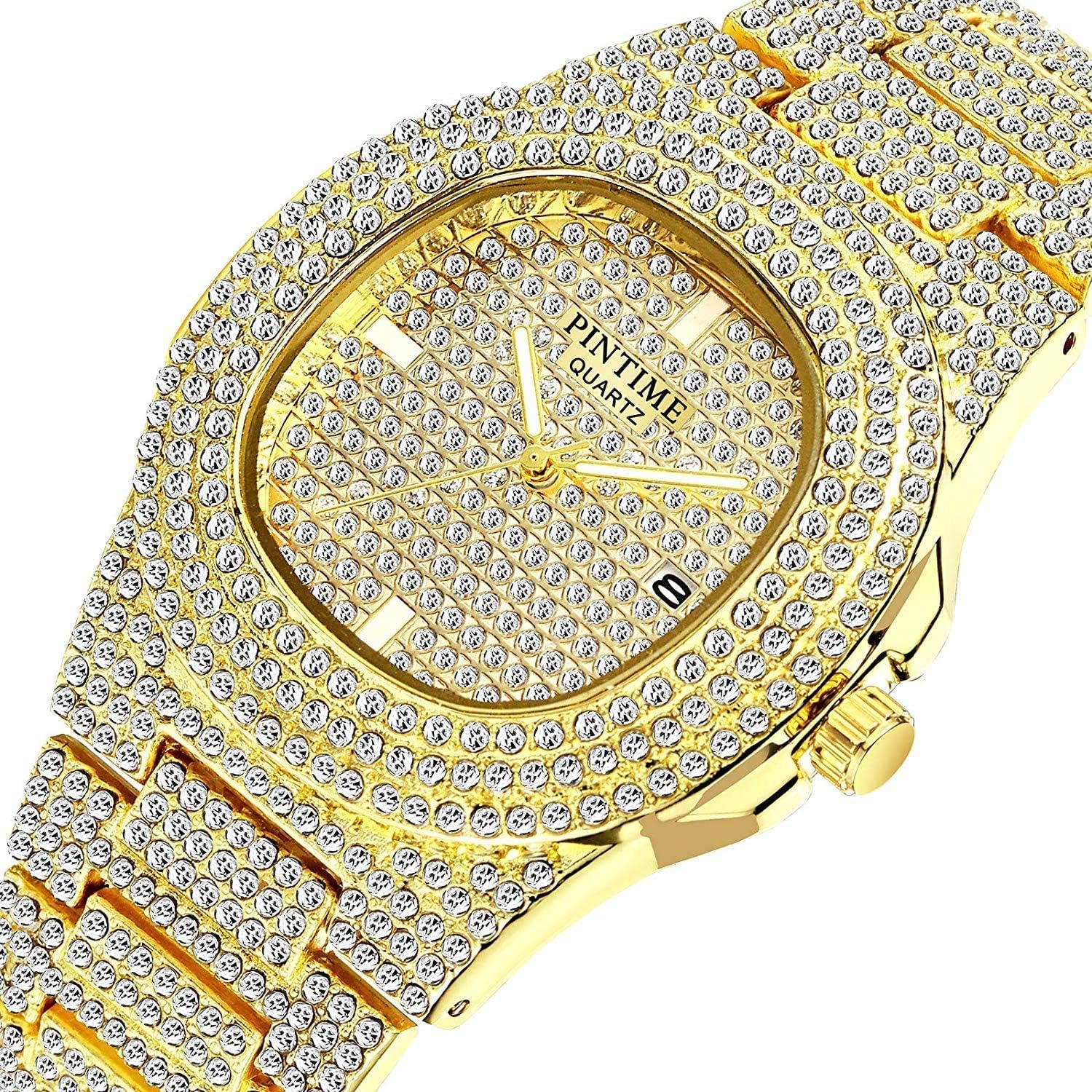 Montre de luxe unisexe en cristal et diamant - Montre à quartz pour homme et femme - Couleur or rose - Montre bracelet en acier inoxydable Or Y