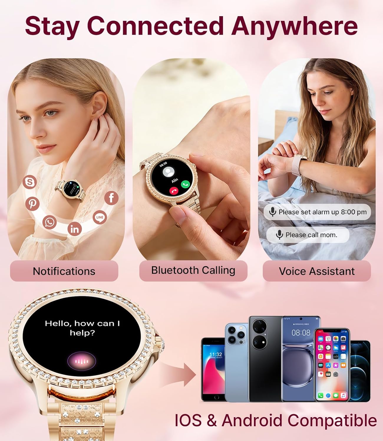 Montre Connectée Femme Bluetooth Appels pour Android iOS Sport Fitness Activity Tracker Montre Femme Connectée 1,32" HD Fréquence Cardiaque Sommeil Moniteur Elégant Diamond Rose Or Smartwatch Rose Gold