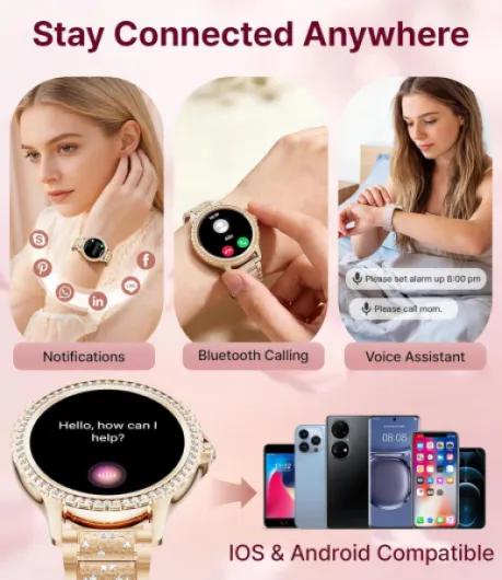 Montre Connectée Femme Bluetooth Appels pour Android iOS Sport Fitness Activity Tracker Montre Femme Connectée 1,32" HD Fréquence Cardiaque Sommeil Moniteur Elégant Diamond Rose Or Smartwatch Rose Gold