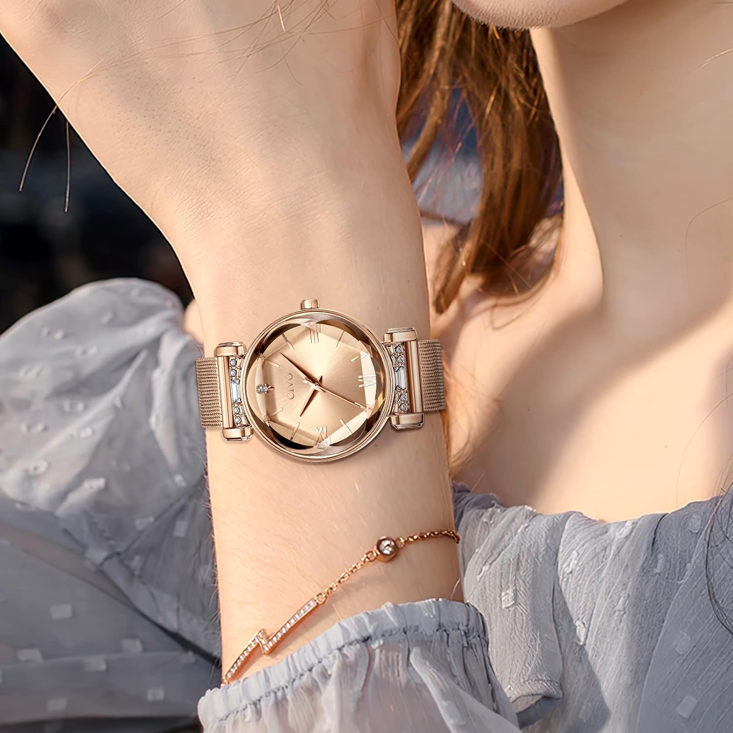 Montre Femme Bracelet Acier Inoxydable Montre Quartz pour Femme pour Travail Cérémonie C-6 Or Rose