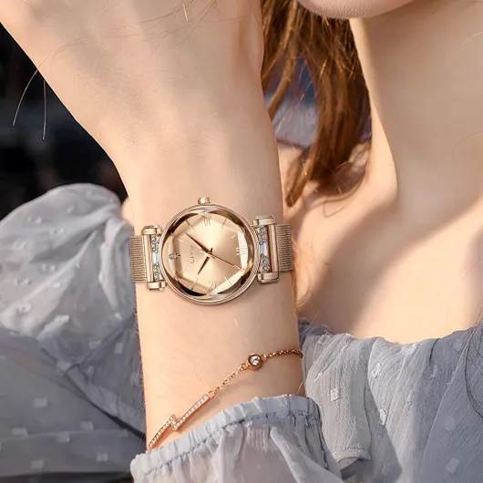 Montre Femme Bracelet Acier Inoxydable Montre Quartz pour Femme pour Travail Cérémonie C-6 Or Rose